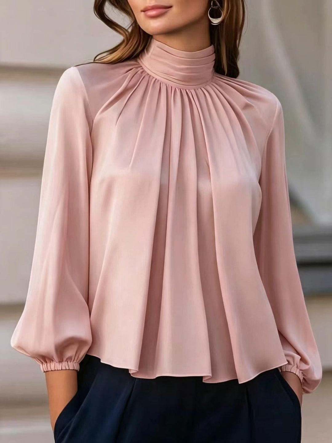 Patsy | High Neck Pleated Blouse with Balloon Sleeves
