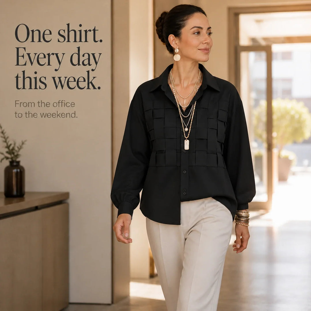 Wovelle – Raised Woven-Check Long-Sleeve Blouse