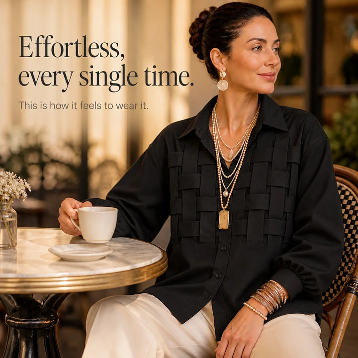 Wovelle – Raised Woven-Check Long-Sleeve Blouse