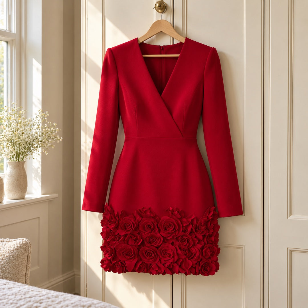 Glenys | Long Sleeve Dress with Rose Hem