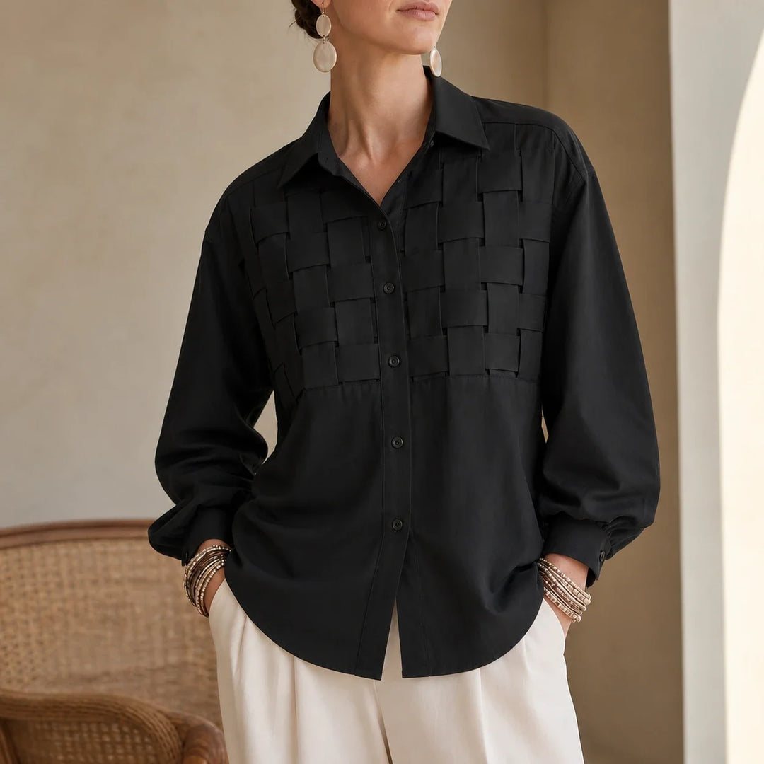 Wovelle – Raised Woven-Check Long-Sleeve Blouse
