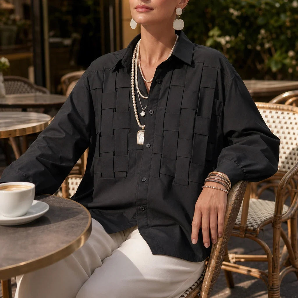 Wovelle – Raised Woven-Check Long-Sleeve Blouse