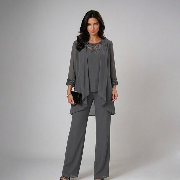 Lucinda | Chiffon Jacket, Lace-Neck Wide-Leg Three Piece Set