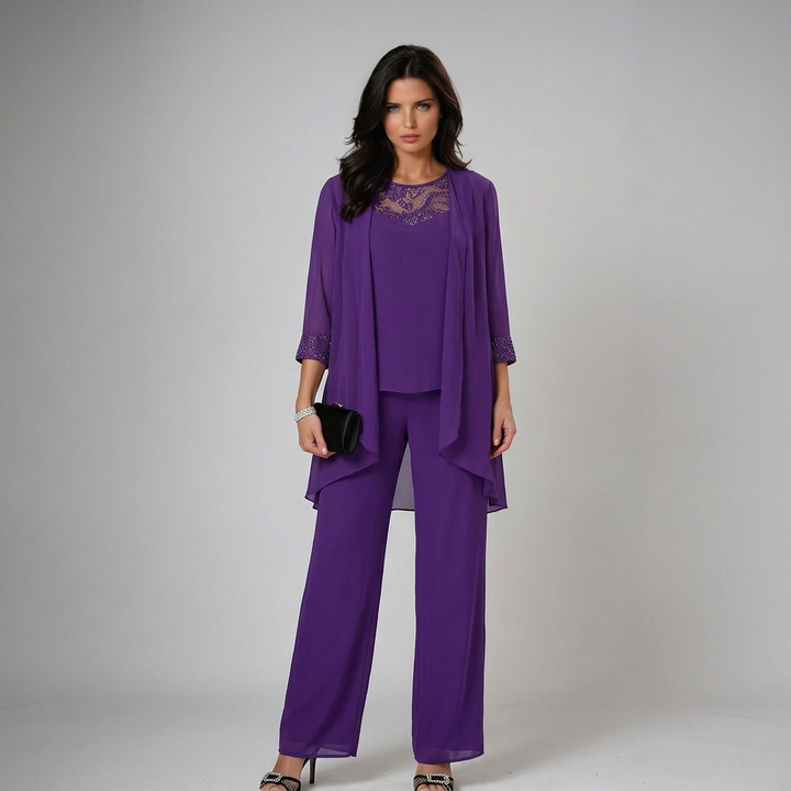 Lucinda | Chiffon Jacket, Lace-Neck Wide-Leg Three Piece Set