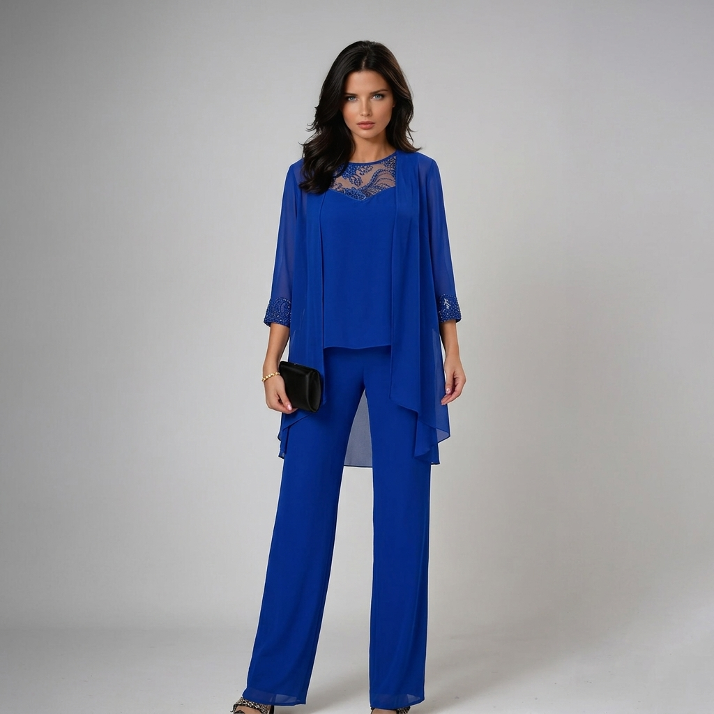 Lucinda | Chiffon Jacket, Lace-Neck Wide-Leg Three Piece Set