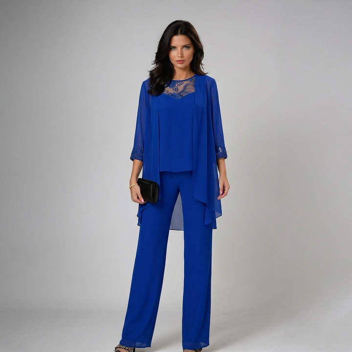 Lucinda | Chiffon Jacket, Lace-Neck Wide-Leg Three Piece Set