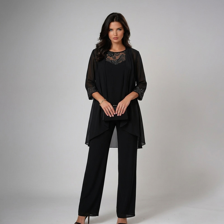 Lucinda | Chiffon Jacket, Lace-Neck Wide-Leg Three Piece Set