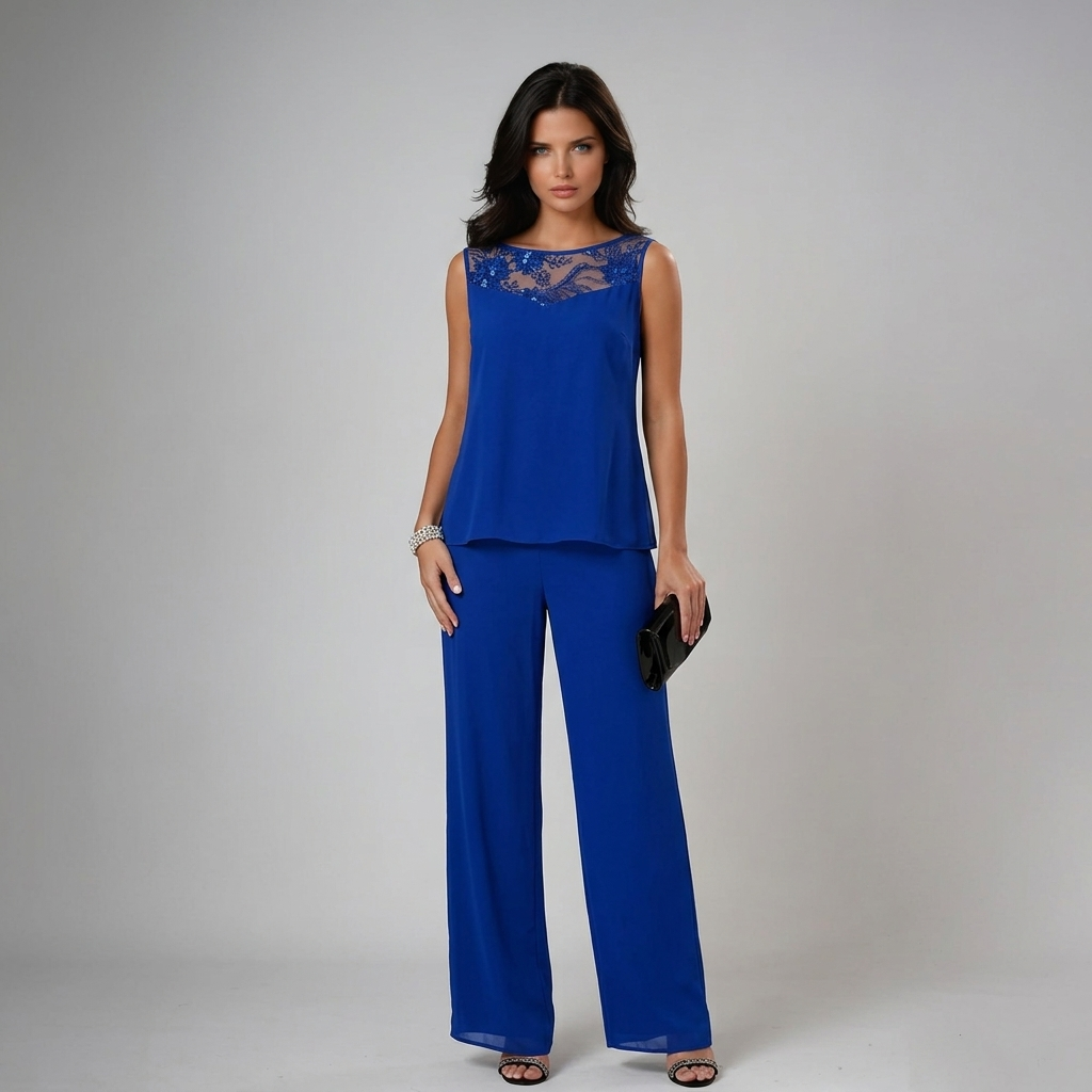 Lucinda | Chiffon Jacket, Lace-Neck Wide-Leg Three Piece Set