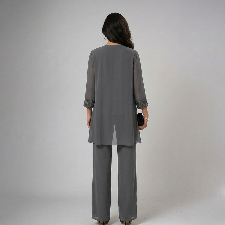 Lucinda | Chiffon Jacket, Lace-Neck Wide-Leg Three Piece Set