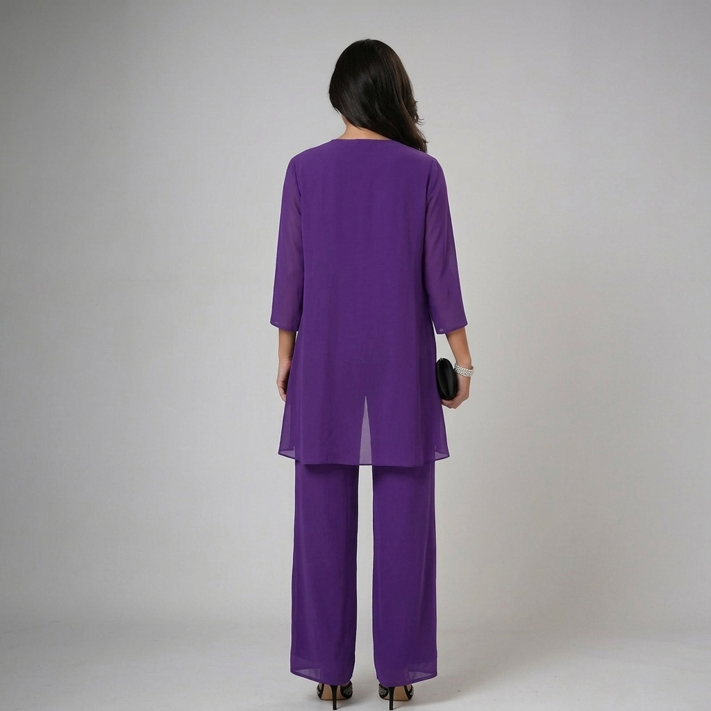 Lucinda | Chiffon Jacket, Lace-Neck Wide-Leg Three Piece Set