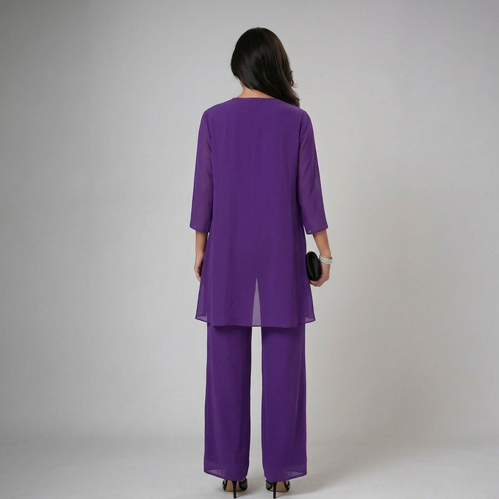 Lucinda | Chiffon Jacket, Lace-Neck Wide-Leg Three Piece Set