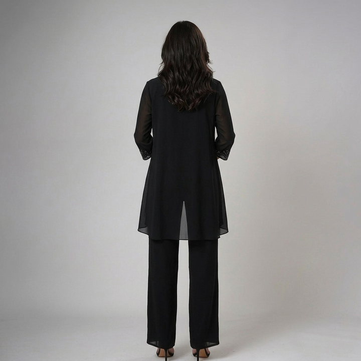 Lucinda | Chiffon Jacket, Lace-Neck Wide-Leg Three Piece Set