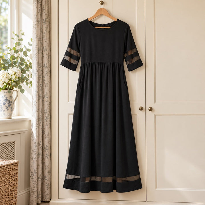 Jillian | Sheer Stripe Panel Maxi Dress with Pockets