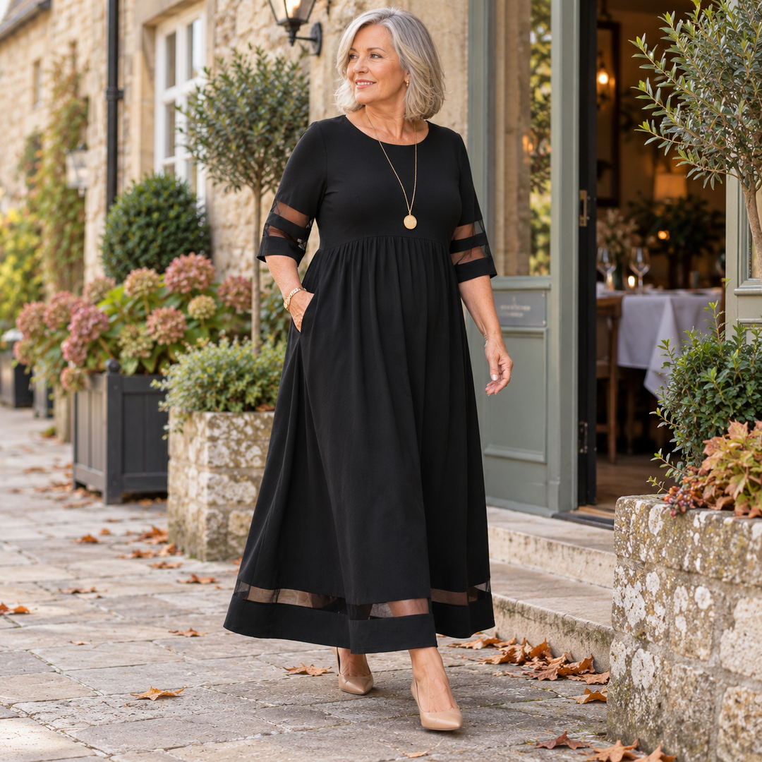 Jillian | Sheer Stripe Panel Maxi Dress with Pockets
