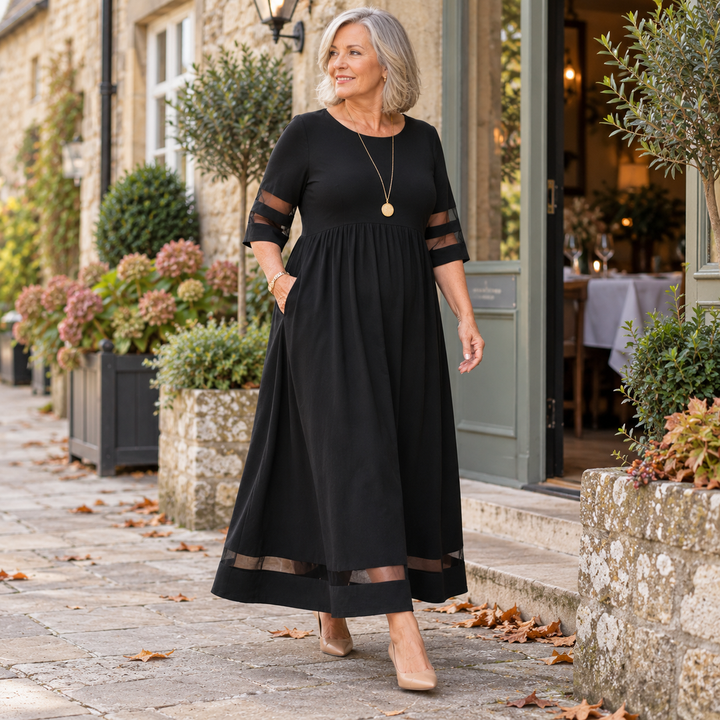Jillian | Sheer Stripe Panel Maxi Dress with Pockets