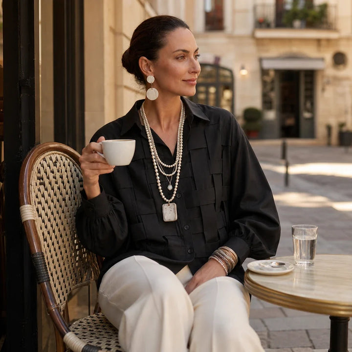 Wovelle – Raised Woven-Check Long-Sleeve Blouse