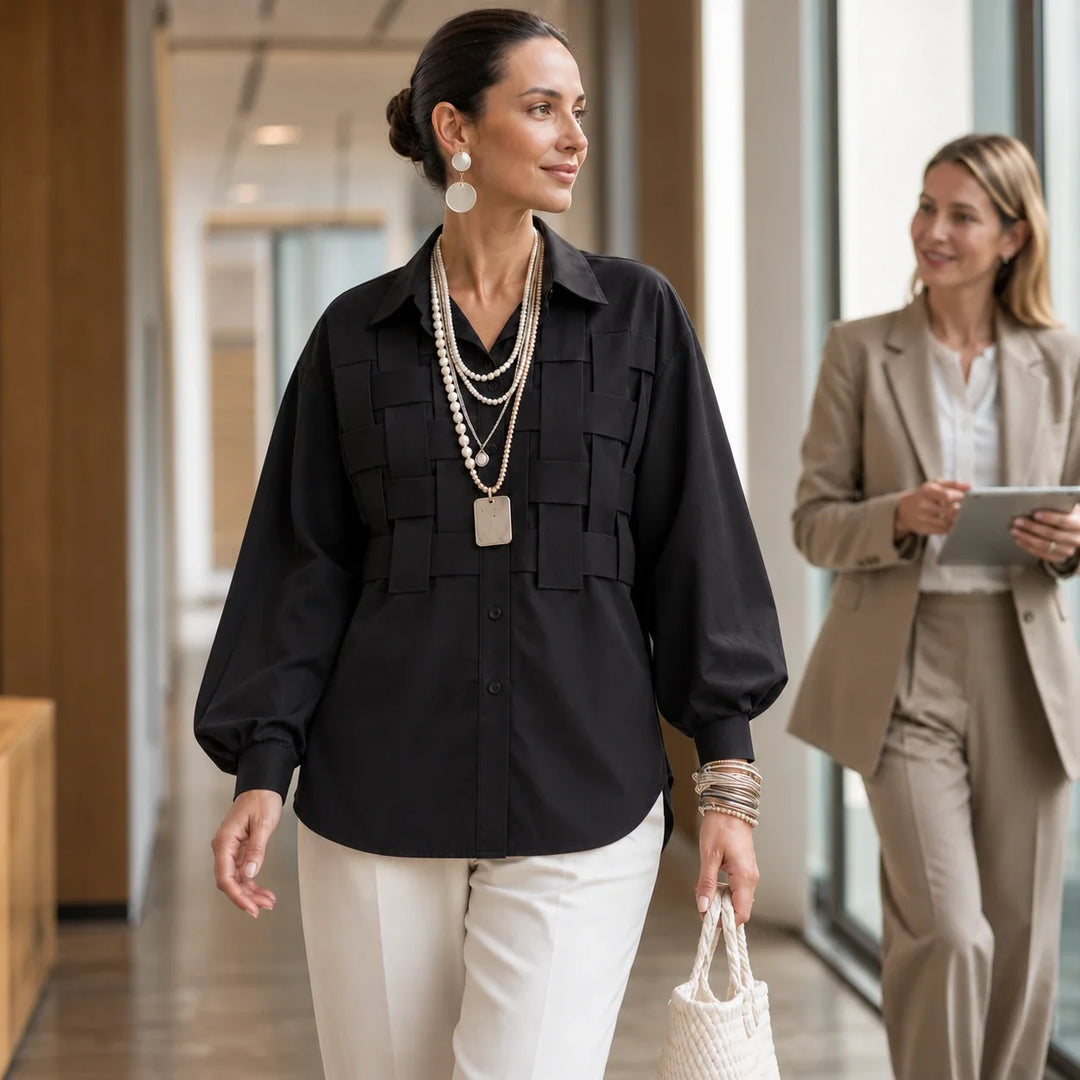 Wovelle – Raised Woven-Check Long-Sleeve Blouse