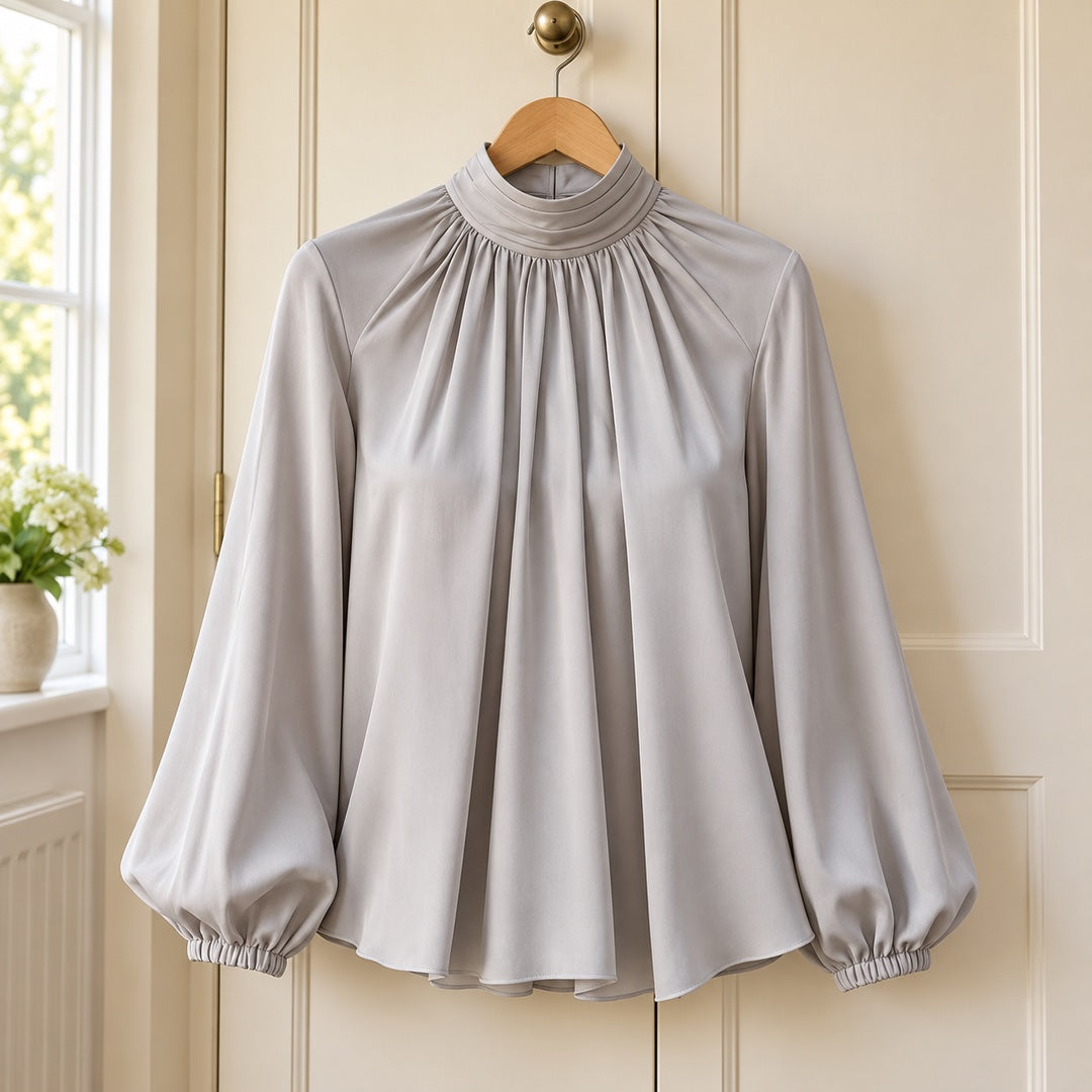 Patsy | High Neck Pleated Blouse with Balloon Sleeves