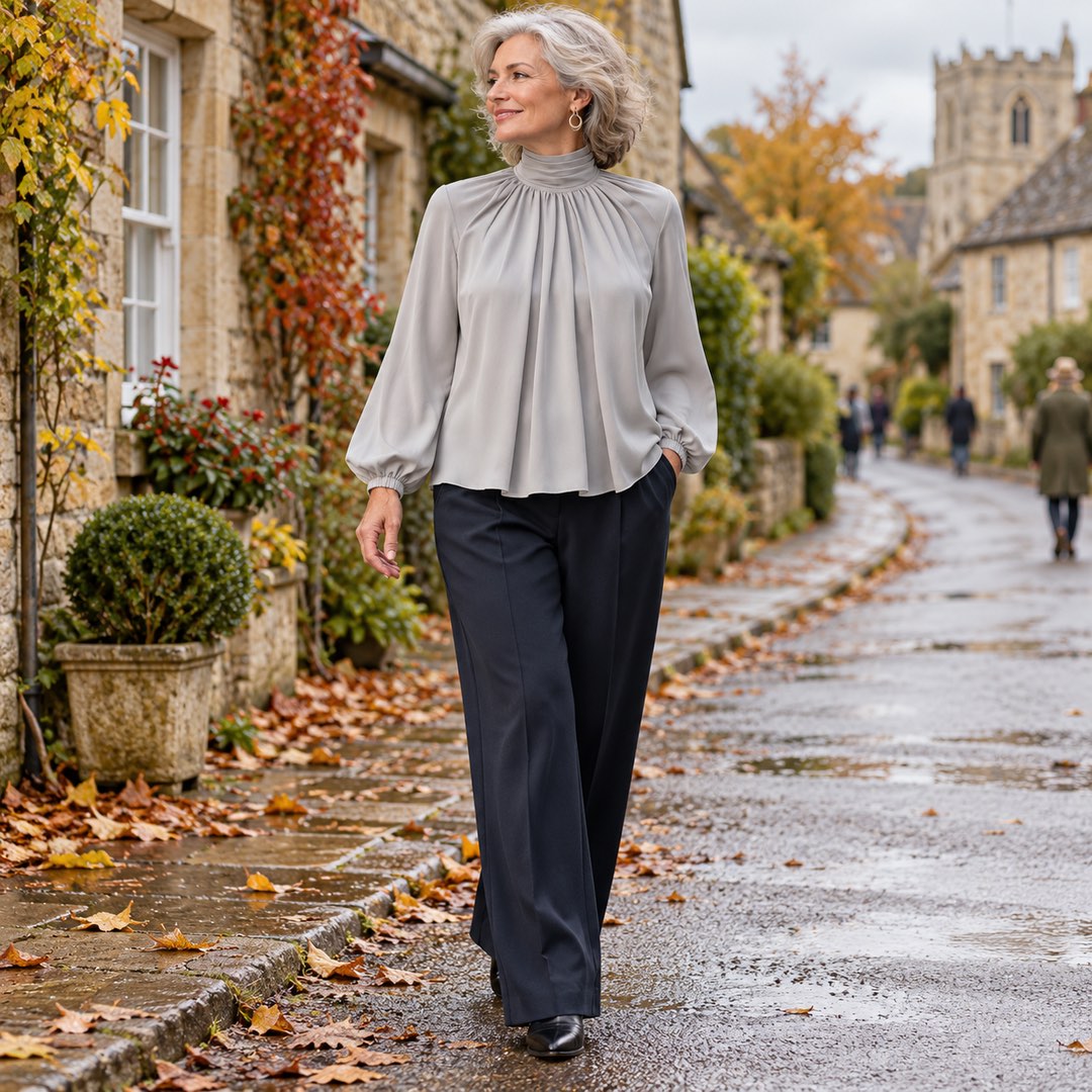 Patsy | High Neck Pleated Blouse with Balloon Sleeves