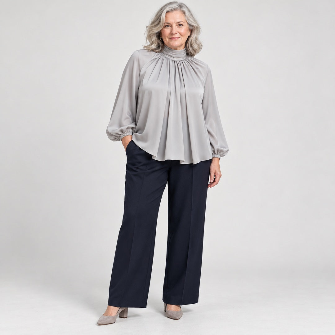 Patsy | High Neck Pleated Blouse with Balloon Sleeves