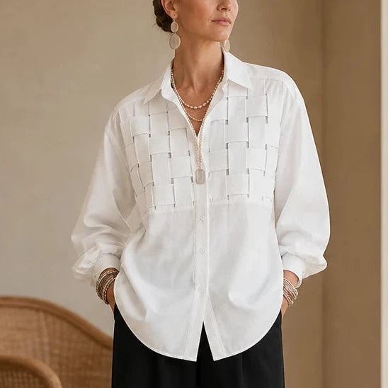 Wovelle – Raised Woven-Check Long-Sleeve Blouse