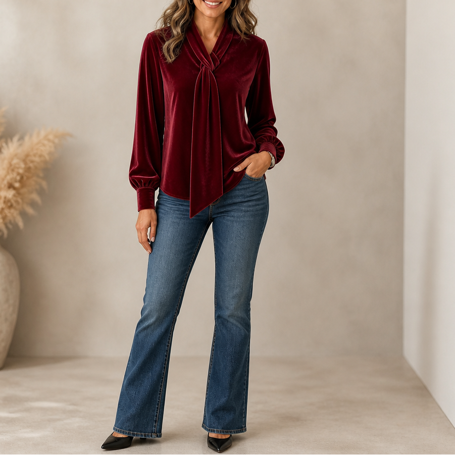 Veloura – Velvet Bow-Collar Long-Sleeve Top